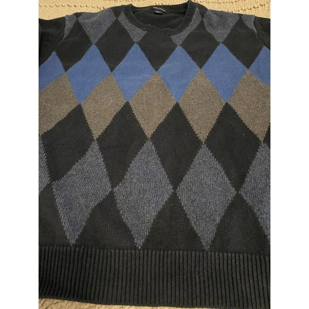 Nautica Mens Argyle Sweater L Black Blue Gray 100% Cotton Classic Knit Long Slee